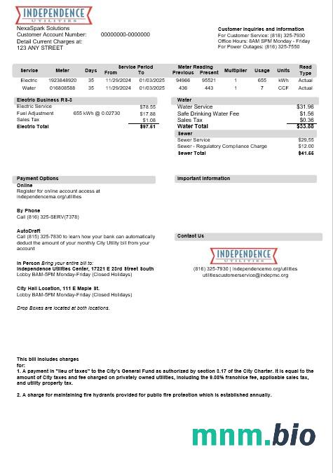 USA Missouri Independence Utilities rachunek za usługi komunalne szablon w formacie Word i PDF, Wersja 2